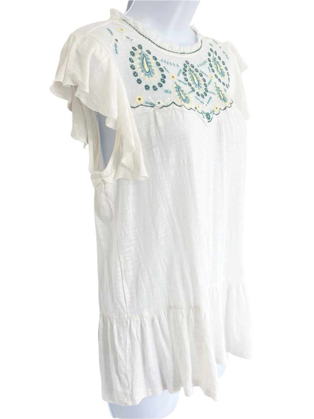 NWT Lucky Brand Embroidered Peasant Top White Flutter Sleeve Boho Small - Picture 2 of 8